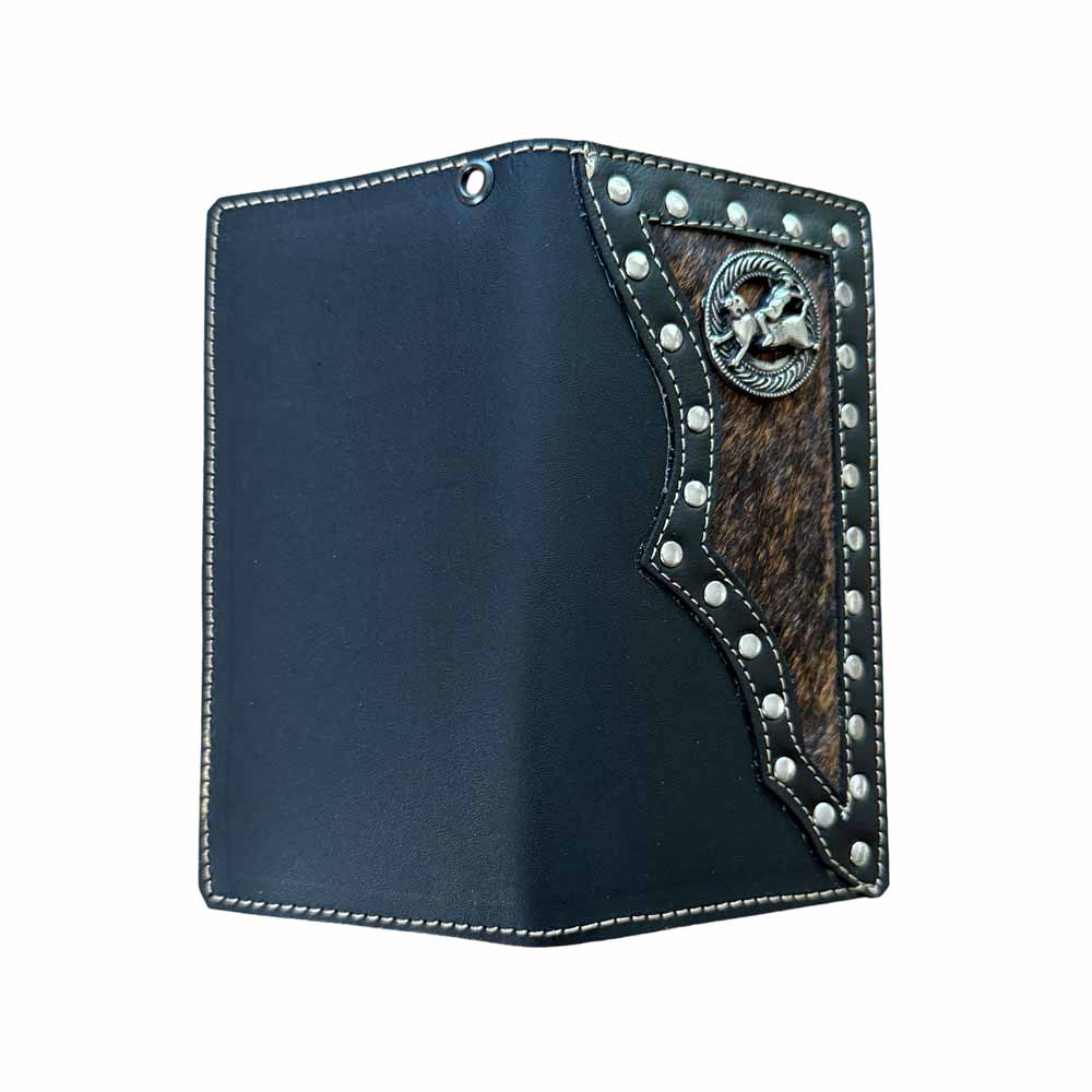 Cartera Vaquera Larga Negra con Pelo de Res y Remaches