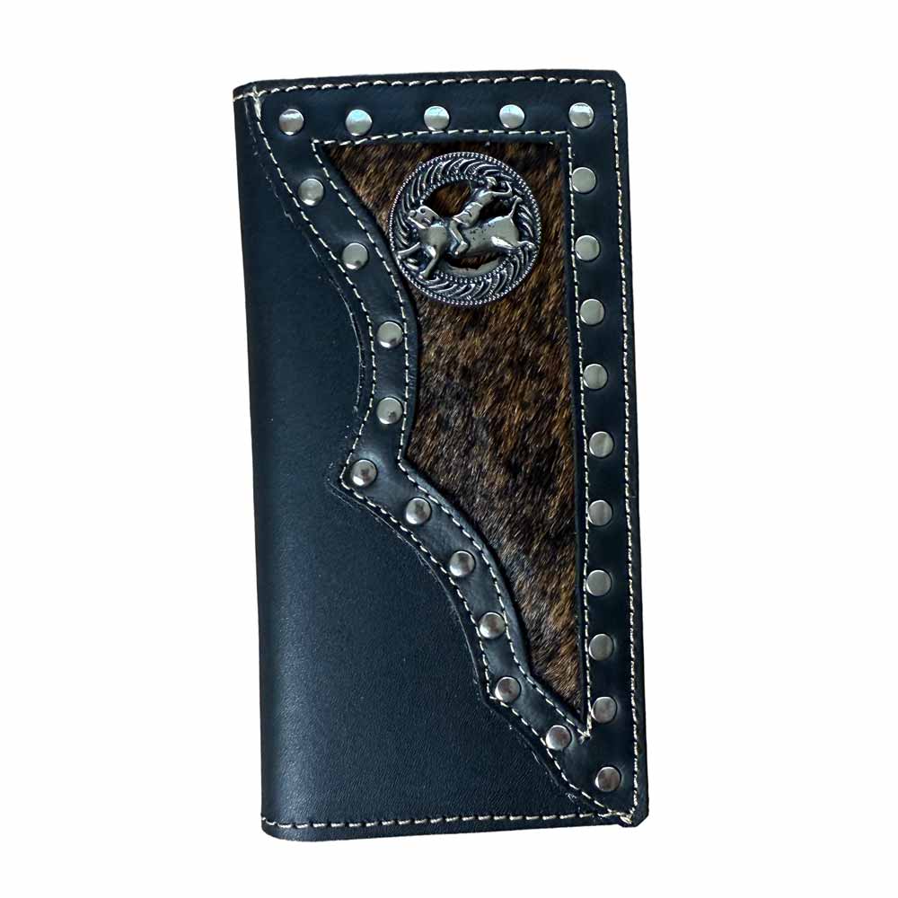 Cartera Vaquera Larga Negra con Pelo de Res y Remaches