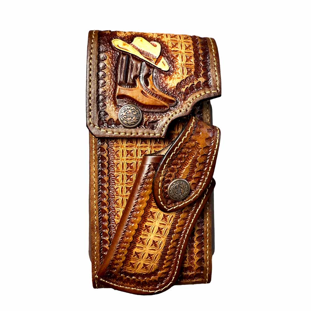 Funda para Celular con Porta Navaja Cincelada a Mano "Hat & Boots"