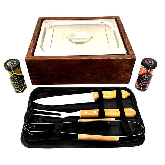 Grillbox de Pino + Kit + 2 Sazonadores